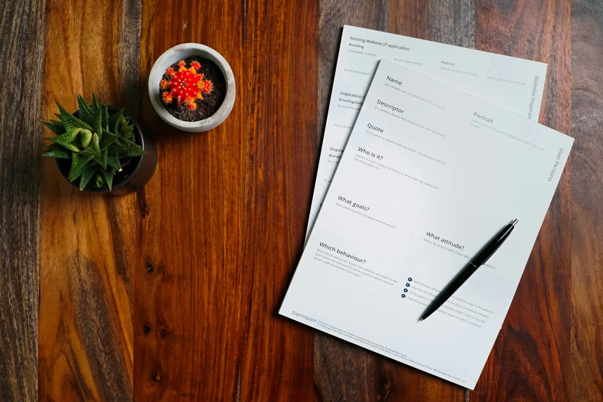 Printed paperwork and a pen resting on a dark wooden table beside two small potted plants